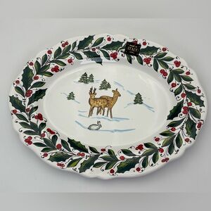 Festive Holiday Platter with Reindeer Design and Holly Border Made in Italy